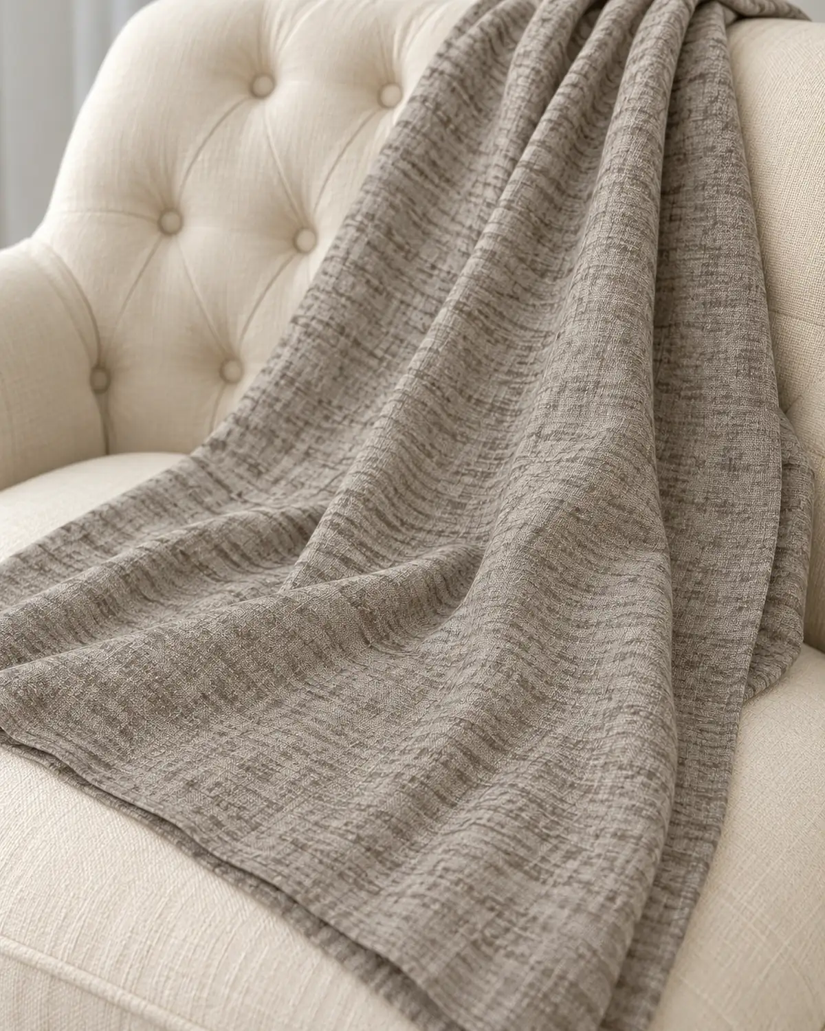 Foulard Thai chiné couleur Taupe chiné – détail sur fauteuil