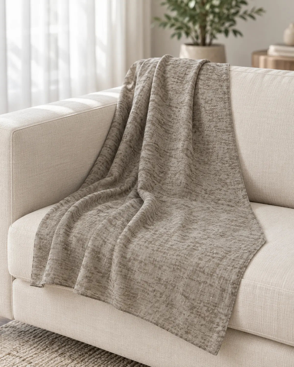 Foulard Thai chiné couleur Taupe chiné – drapé sur canapé